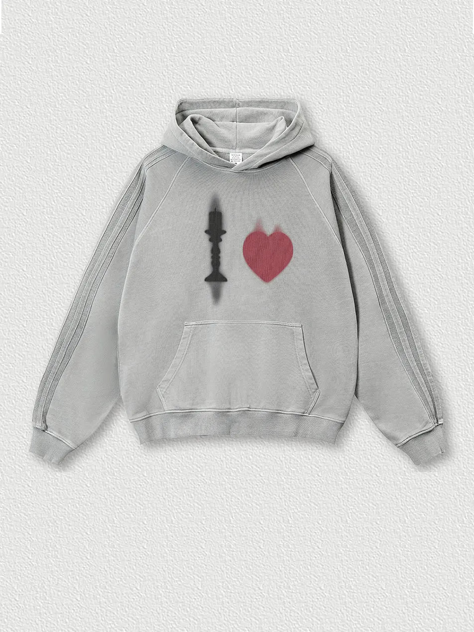 Vintage Heart Print Fleece Hoodie