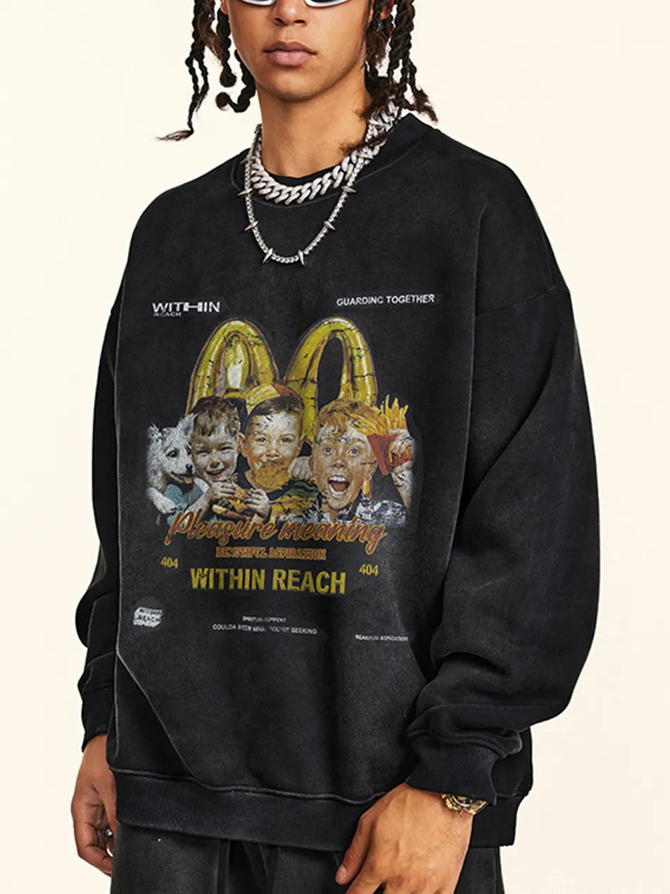 Washed Crew Neck Hoodie Sweatshirt