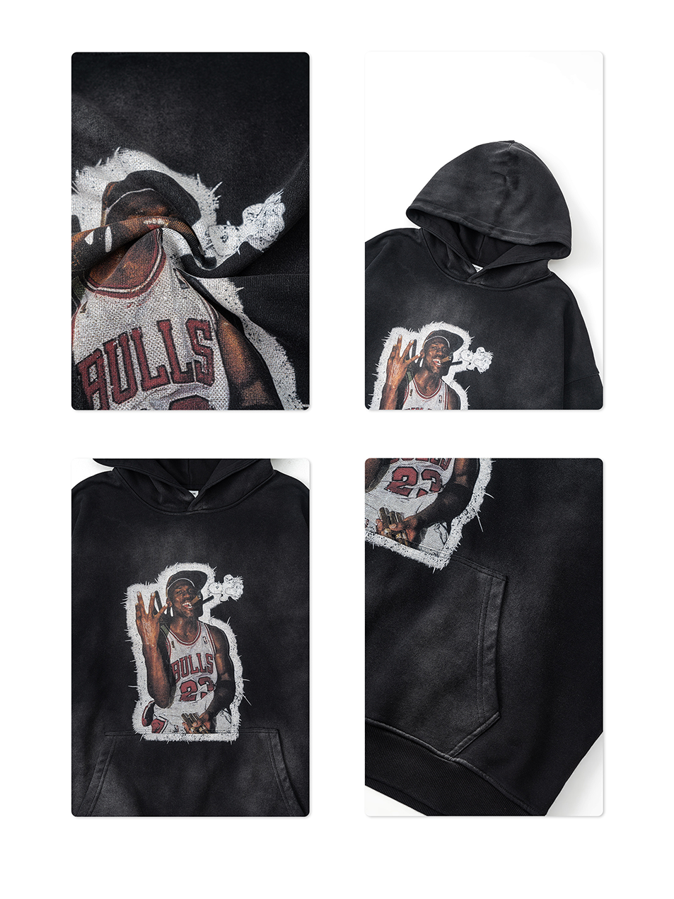 370g Vintage Wash Old Cotton NBA Hip-pop Printed Hoddie