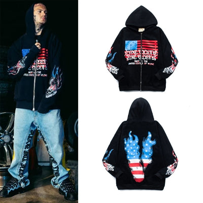 Flag Flame Zipper Cotton Hoodie