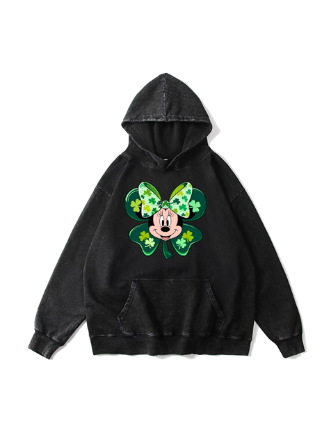 360g Minnie Printed Cotton Wash Old Hoodie for St. Patrick's Day Emma Bridess