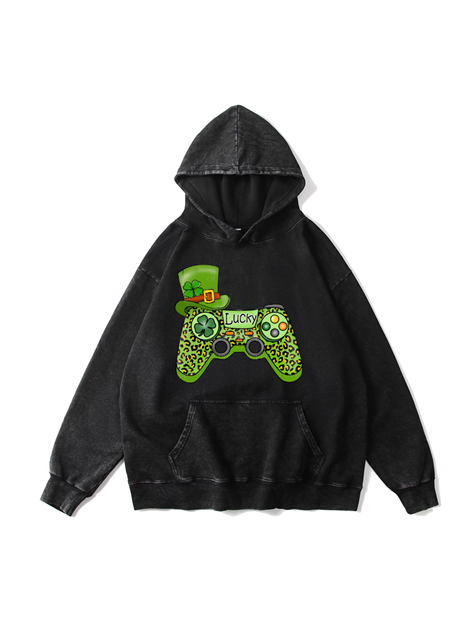 360g Green Saint Patrick Game Printed Cotton Wash Old Hoodie for St. Patrick's Day Emma Bridess