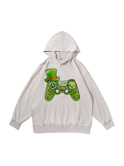 360g Green Saint Patrick Game Printed Cotton Wash Old Hoodie for St. Patrick's Day Emma Bridess