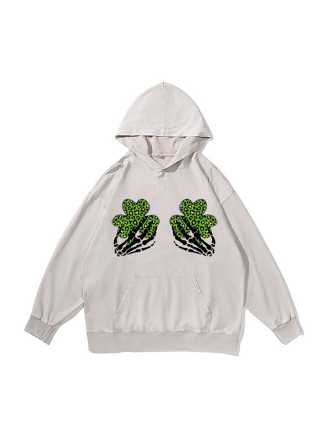 360g Shamrock Printed Wash Old Cotton Hoodie for St. Patrick's Day Emma Bridess