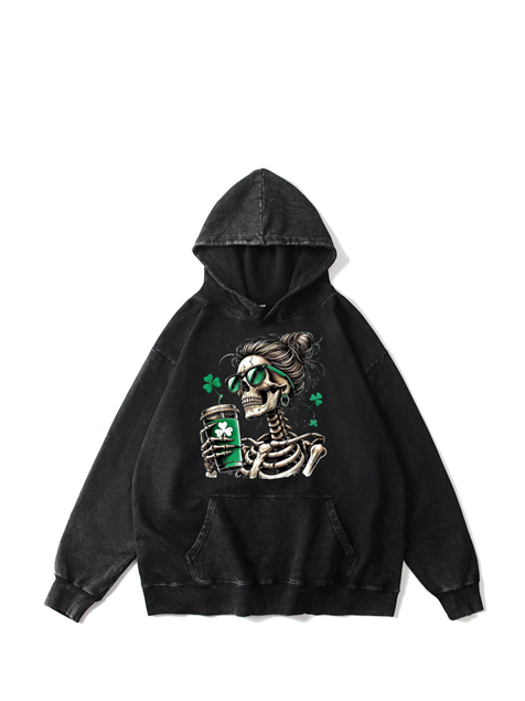 360g Lady Skull Printed Wash Old Cotton Hoodie for St. Patrick's Day Emma Bridess