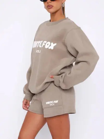 Women's Letter Print Crewneck Sweatshirt And Shorts Set