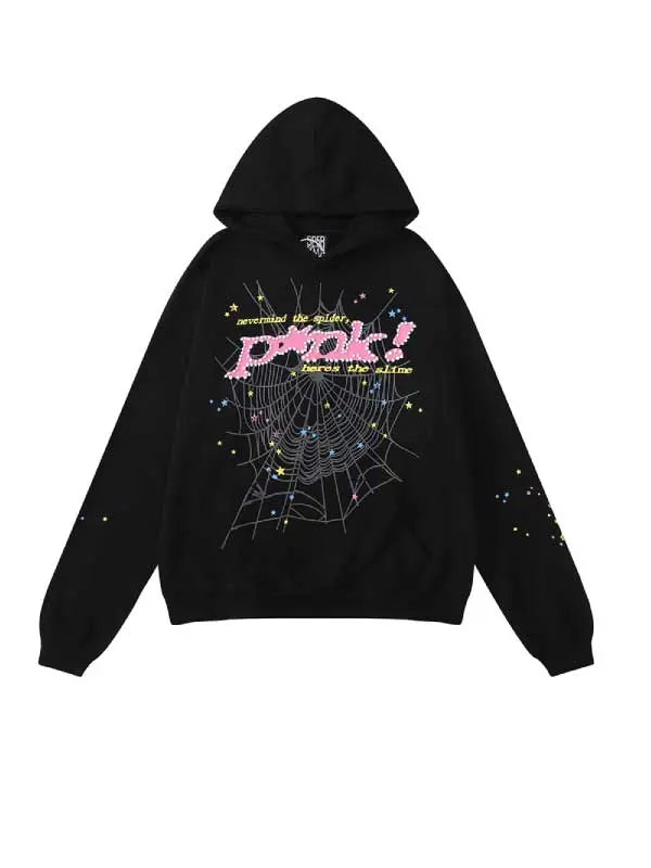 Pink Sp5der Hoodies With Rhinestone Letter Pattern - Emma Bridess