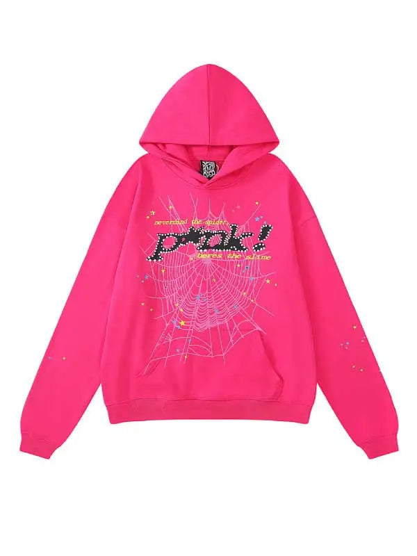 Pink Sp5der Hoodies With Rhinestone Letter Pattern - Emma Bridess