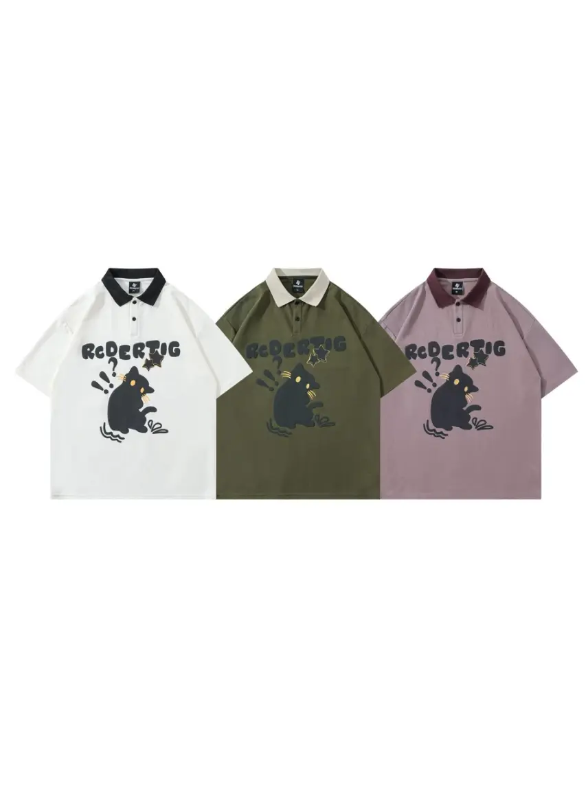 Y2K Cat Graphic Polo Collar Tees