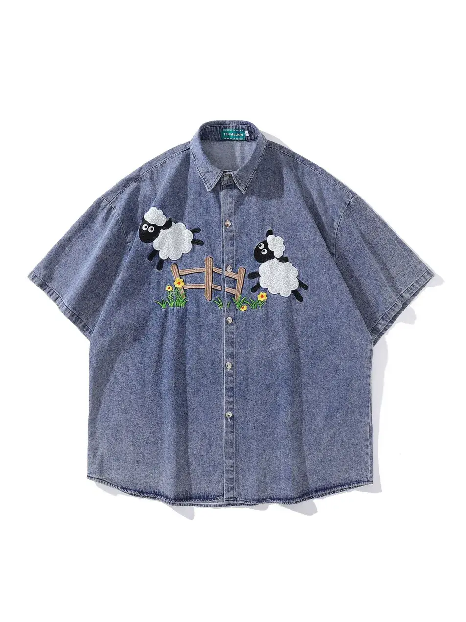 Short Sleeve Denim Shirt with Sheep Embroidery