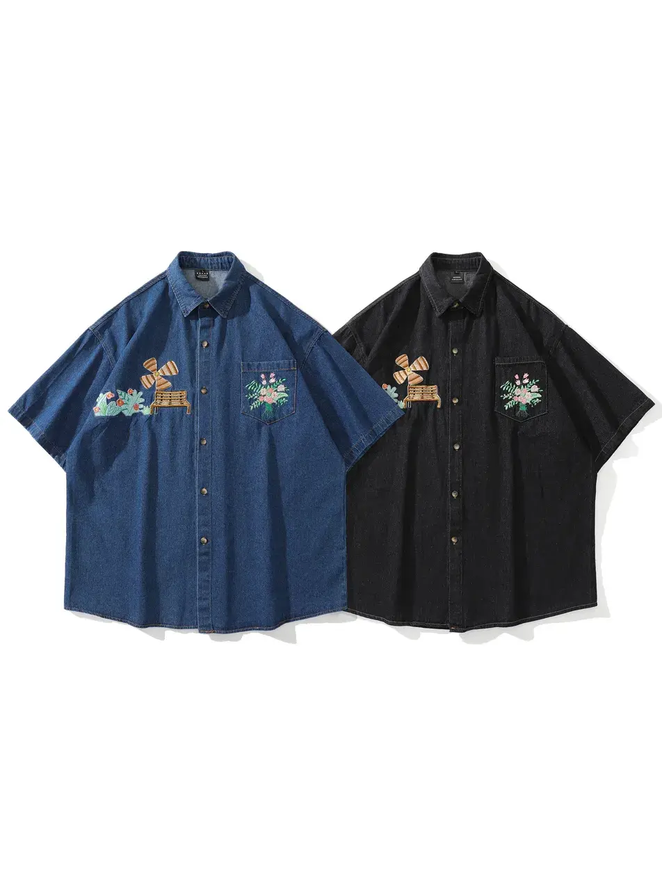 Short Sleeve Denim Shirt with Floral Embroidery