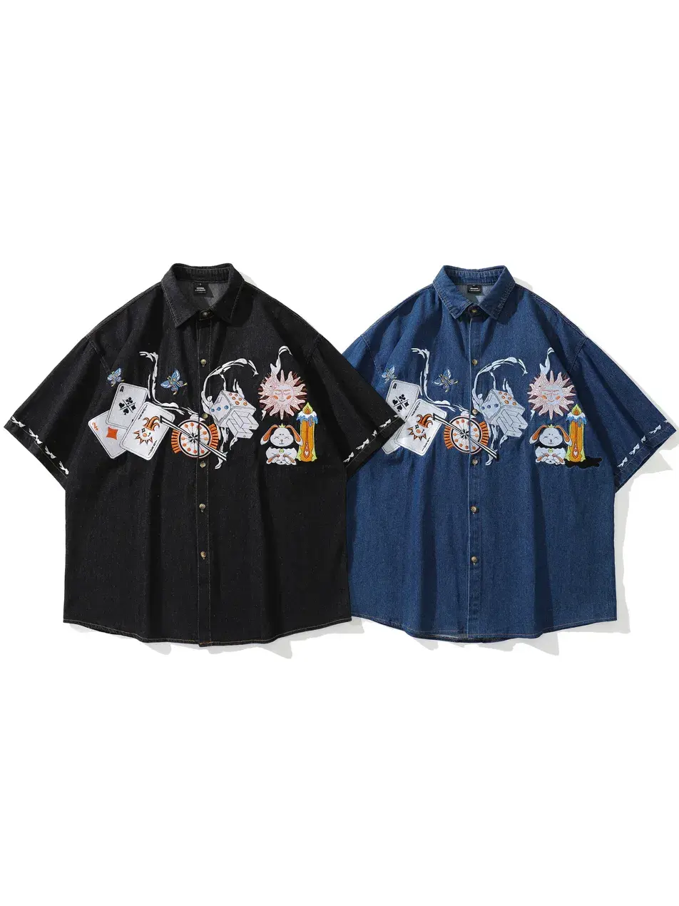 Short Sleeve Denim Shirt with Poker Embroidery