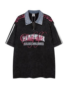 Letter Graphic American Style Zip Polo Shirt