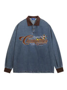 Vintage Cartoon Denim Long Sleeve Polo Sweatshirt