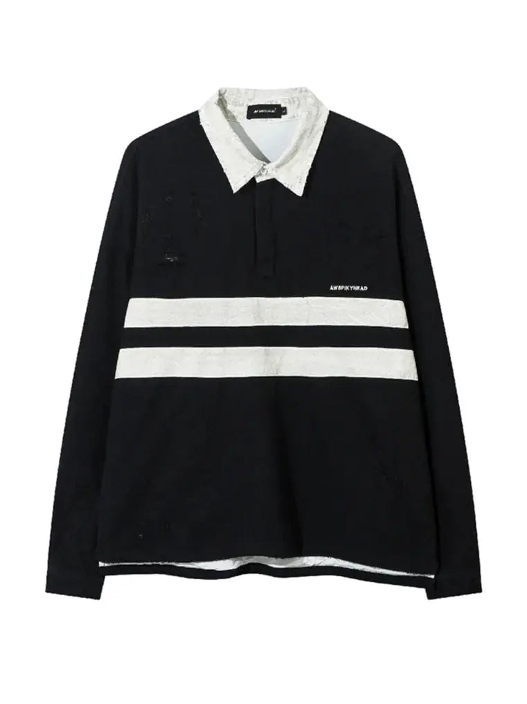 Embroidery Striped Long Sleeve Polo Sweatshirt