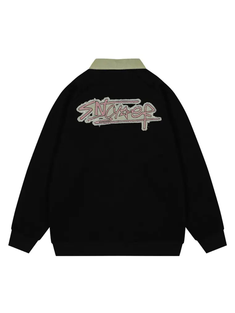 Vintage Applique Embroidered Polo Collar Sweatshirt