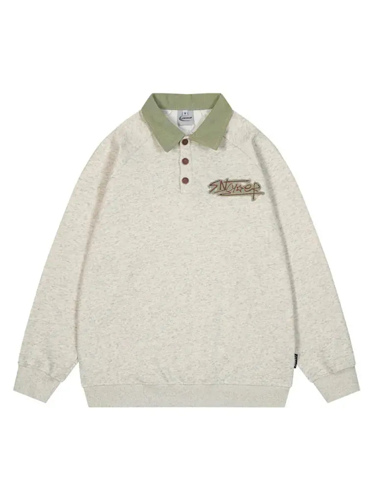 Vintage Applique Embroidered Polo Collar Sweatshirt