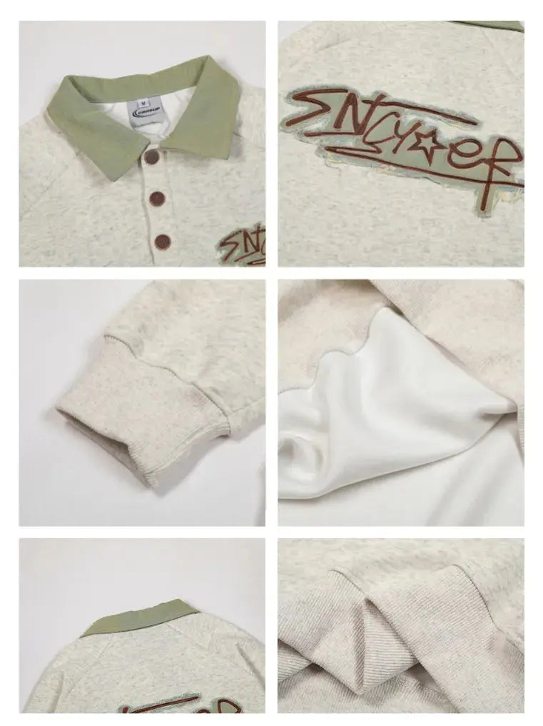 Vintage Applique Embroidered Polo Collar Sweatshirt