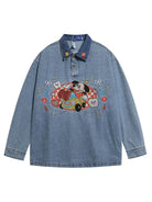 Vintage Denim Polo Shirt Embroidered Cartoon