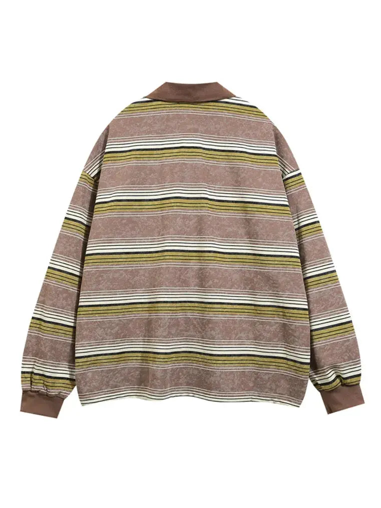 Embroidered Striped Polo Collar Hoodie