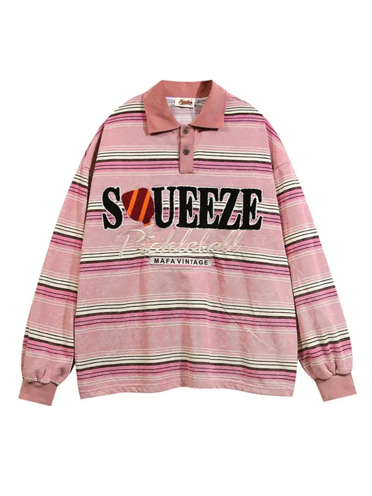 Embroidered Striped Polo Collar Hoodie