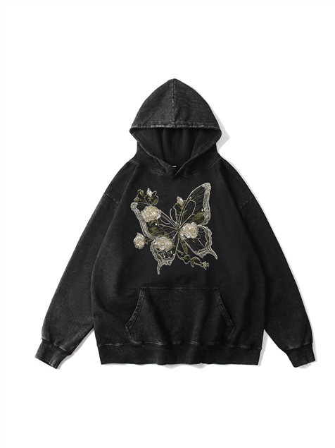 360g Hollow Butterfly Printed Wash Old Cotton Hoodie Emma Bridess