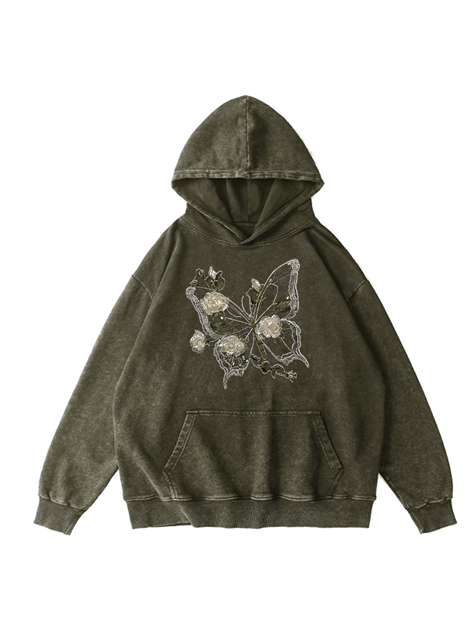 360g Hollow Butterfly Printed Wash Old Cotton Hoodie Emma Bridess