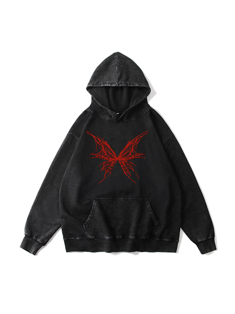 360g Hollow Blood Butterfly Printed Wash Old Cotton Hoodie Emma Bridess