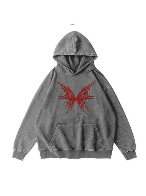 360g Hollow Blood Butterfly Printed Wash Old Cotton Hoodie Emma Bridess