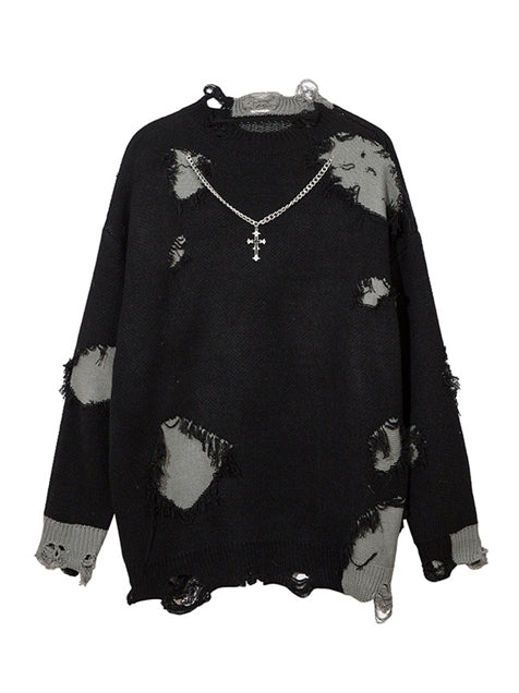 Fake Two Pieces Ripped Sweater with Necklace for Men