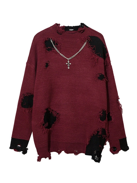 Fake Two Pieces Ripped Sweater with Necklace for Men