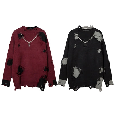 Fake Two Pieces Ripped Sweater with Necklace for Men