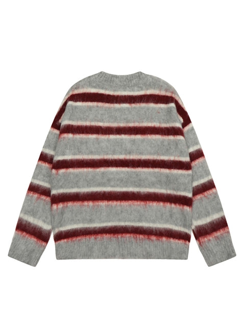 Round Neck Color Block Striped Retro Women Sweater