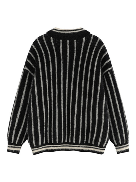 Striped Drop Shoulder Polo Neck Front Sweater