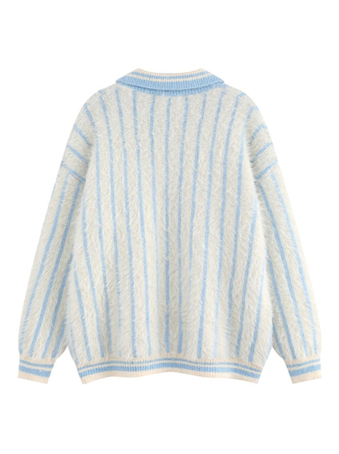 Striped Drop Shoulder Polo Neck Front Sweater