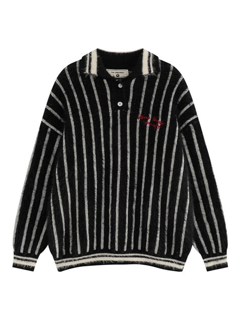 Striped Drop Shoulder Polo Neck Front Sweater