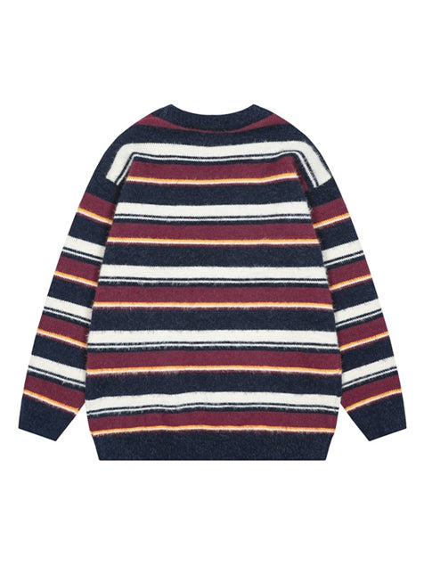 Round Neck Color Block Striped Retro Women Sweater