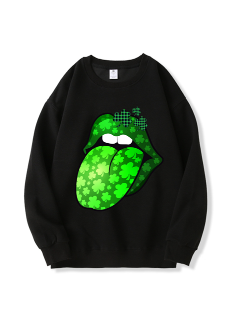 320g Four-leaf Clover Protruding Tongue Printed Cotton Sweatshirt for St. Patrick's Day Emma Bridess