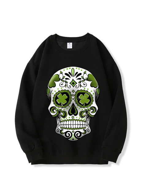 320g Four-leaf Clover Skull Printed Cotton Sweatshirt for St. Patrick's Day Emma Bridess