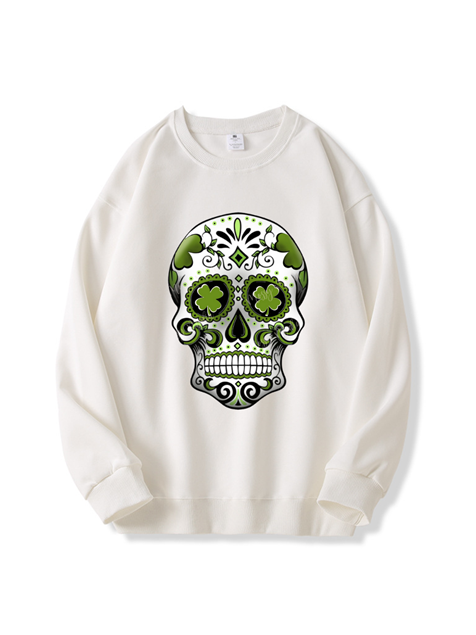 320g Four-leaf Clover Skull Printed Cotton Sweatshirt for St. Patrick's Day Emma Bridess