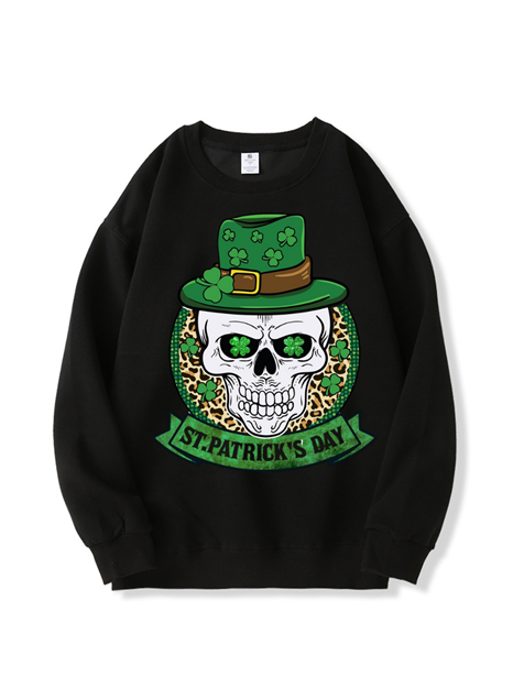 320g Four Leaf Clover Skull Printed Cotton Sweatshirt for St. Patrick's Day Emma Bridess