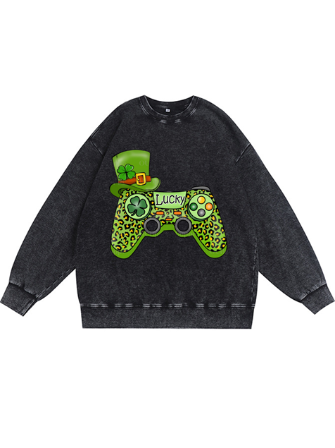 350g Green Saint Patrick Game Printed Wash Old Cotton Sweatshirt for St. Patrick's Day Emma Bridess