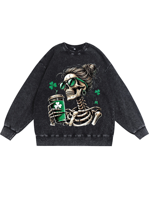 350g Lady Skull Printed Wash Old Cotton Sweatshirt for St. Patrick's Day Emma Bridess