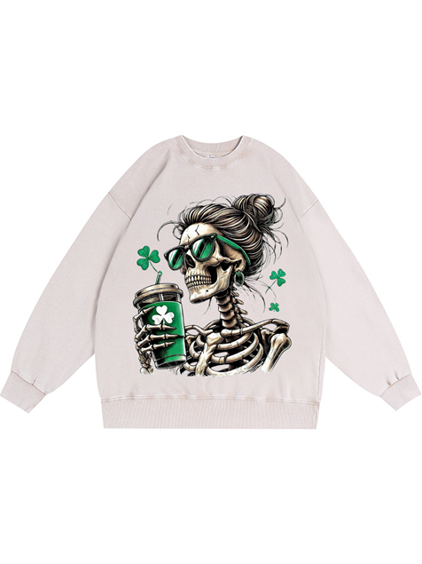 350g Lady Skull Printed Wash Old Cotton Sweatshirt for St. Patrick's Day Emma Bridess