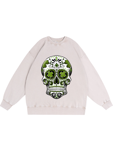 350g Four-leaf Clover Skull Printed Wash Old Cotton Sweatshirt for St. Patrick's Day Emma Bridess