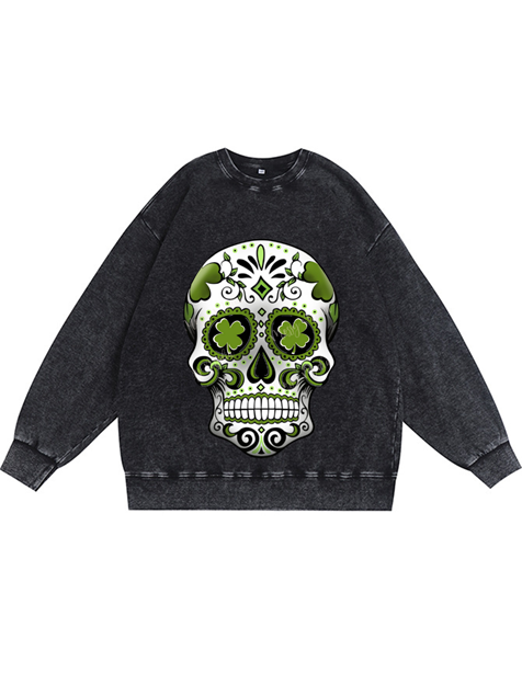 350g Four-leaf Clover Skull Printed Wash Old Cotton Sweatshirt for St. Patrick's Day Emma Bridess