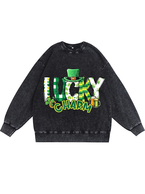 350g Lucky Charm Printed Wash Old Cotton Sweatshirt for St. Patrick's Day Emma Bridess