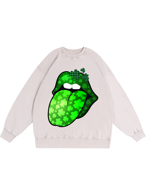 350g Four-leaf Clover Protruding Tongue Printed Wash Old Cotton Sweatshirt for St. Patrick's Day Emma Bridess