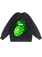 350g Four-leaf Clover Protruding Tongue Printed Wash Old Cotton Sweatshirt for St. Patrick's Day Emma Bridess