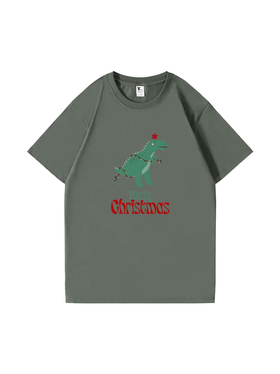 Christmas Dinosaur Printed Cotton T-Shirt